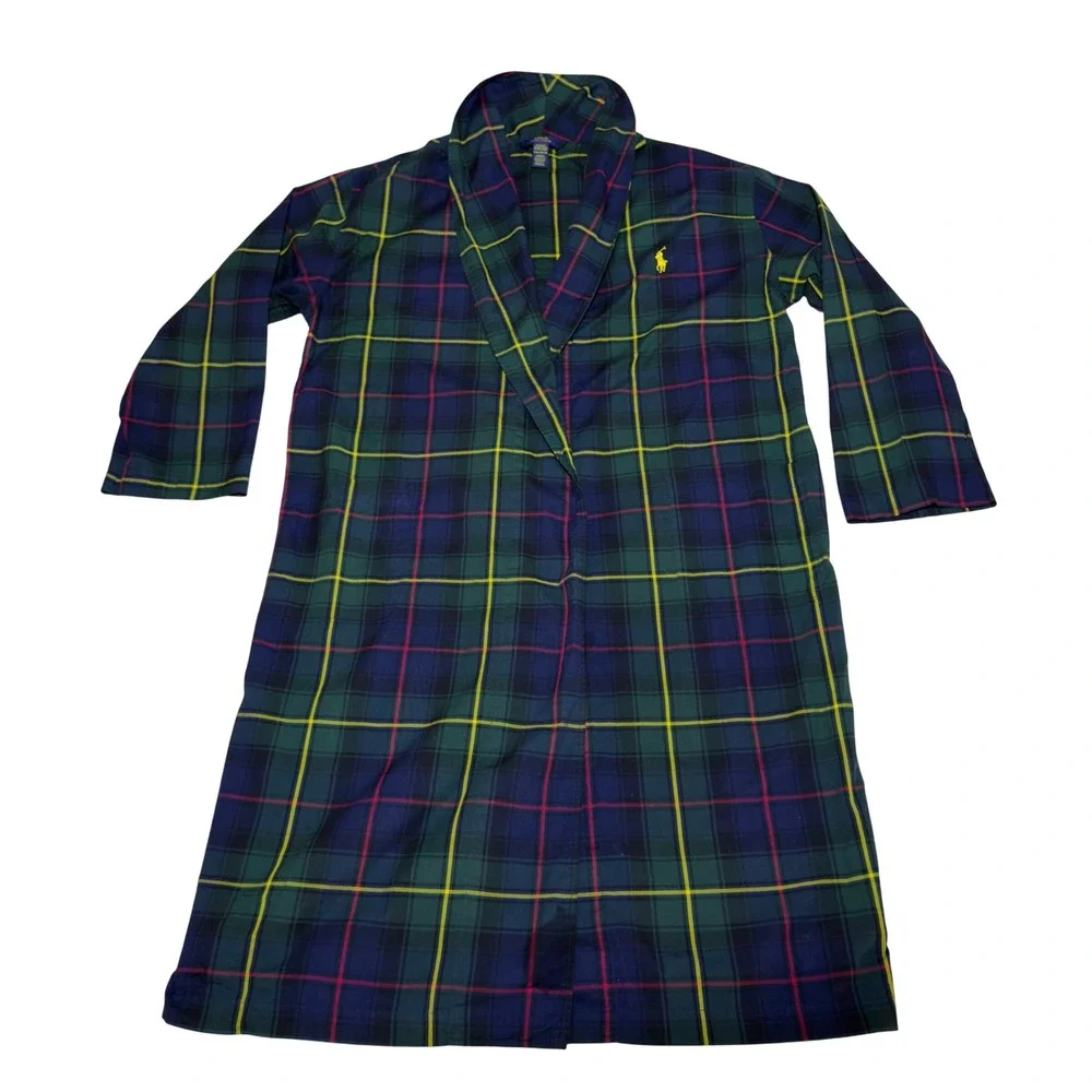 Polo Ralph Lauren Tartan Plaid Sleepwear Blue Green S/M no sash bath robe
